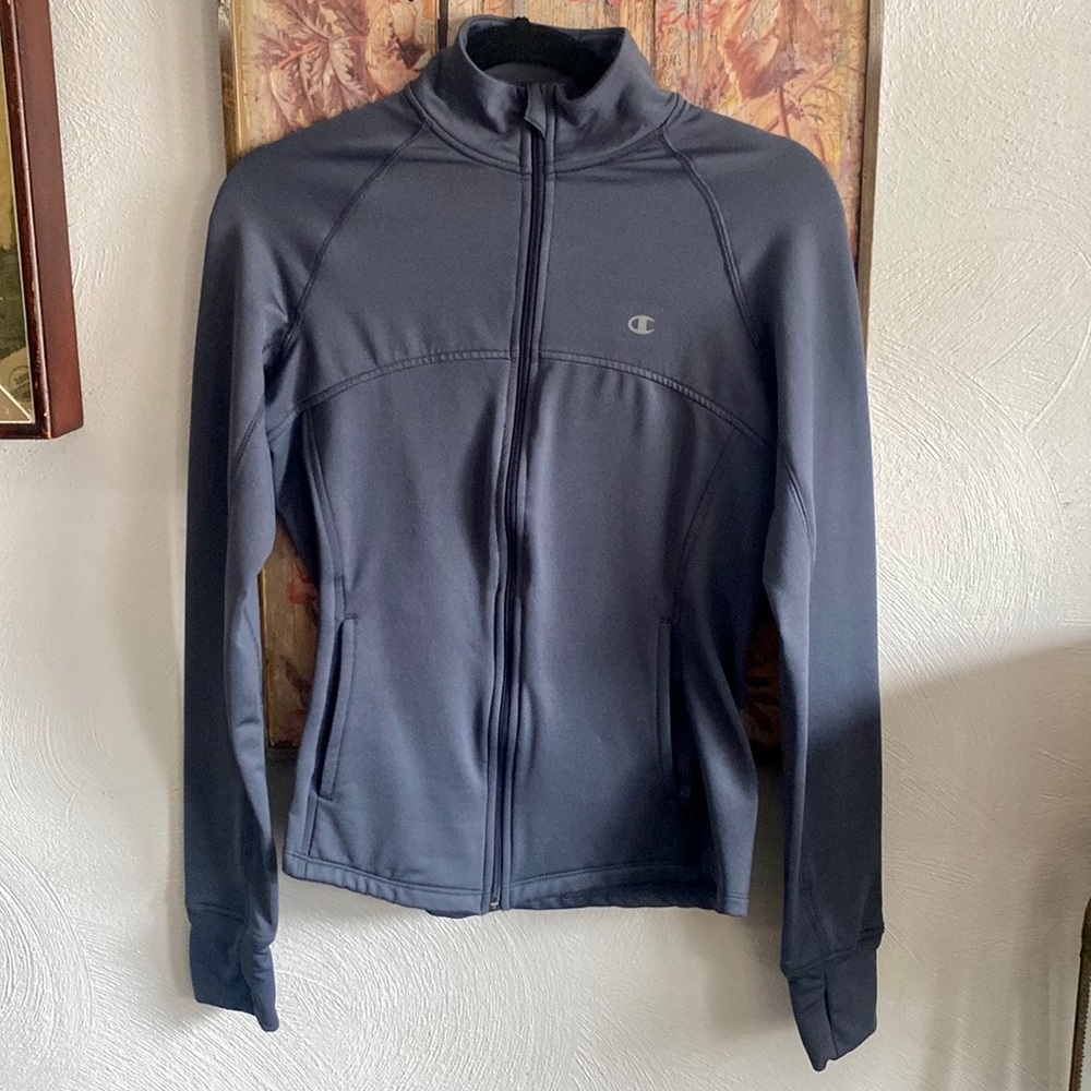 CHAMPION FULL ZIP JACKET BODYCON WORKOUT JACKET TOP STRETCH SLATE BLUE GRAY